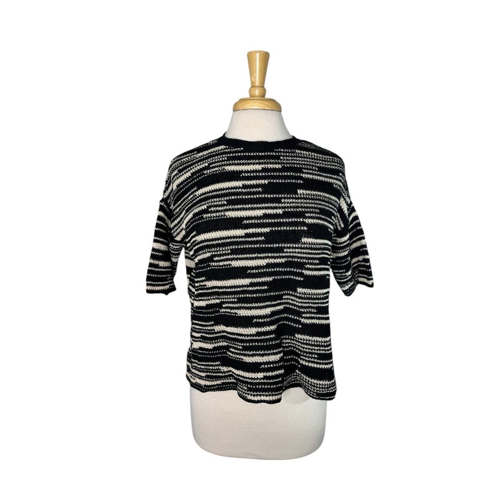 EILEEN FISHER Linen Blend Black Cream Stripe Keyhole Back Sweater Size Medium